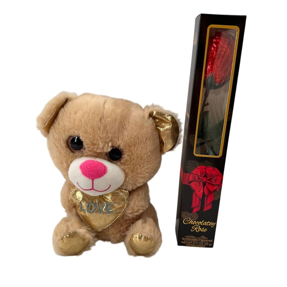 Chocolate Rose & Plush Teddy Bear Gift Set Brown Teddy Gold‎ Valentines Day Gift